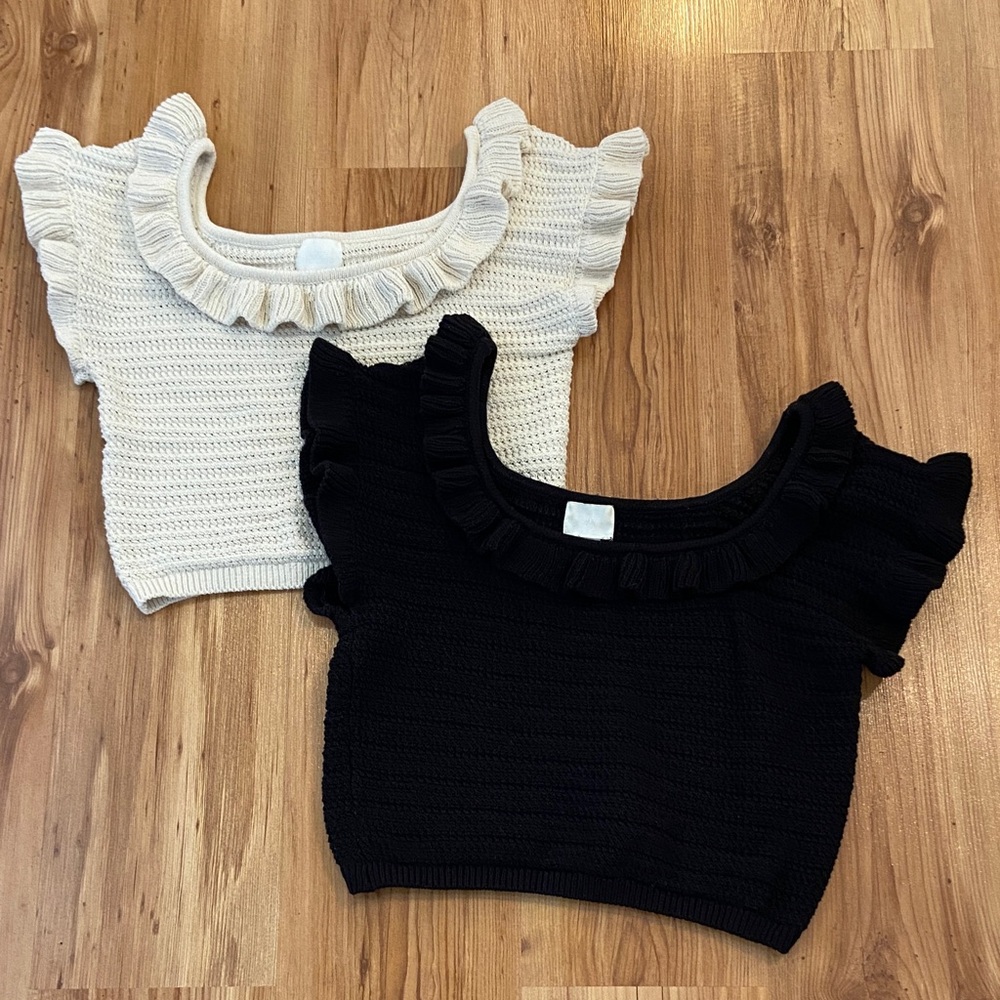 TWO H&M cropped crochet ruffled sweaters - cotton blend! L and XL